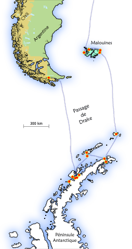 Carte du notre itinraire vers Antarctique et les les Malouines