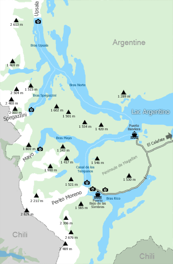Carte du Sud du Parc national Los Glaciares, du lac Argentino et du glacier Perito Moreno