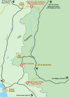 Carte des frontières Argentine/Chili à proximité du Parc national Torres del Paine et de Puerto Natales