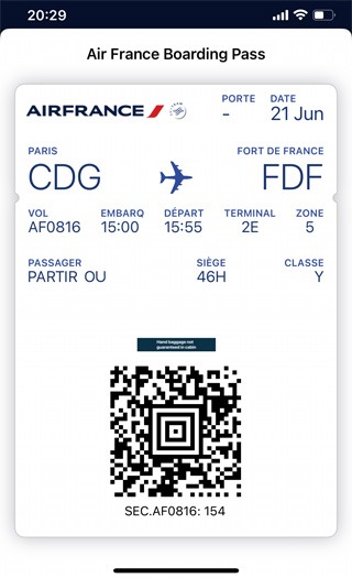 Carte d'embarquement sur appli