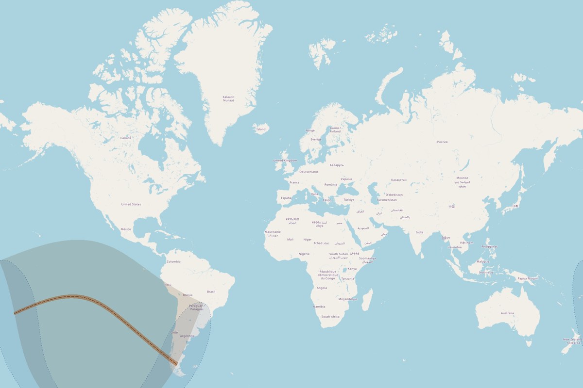 Visibility map — Total eclipse on July 11, 2010