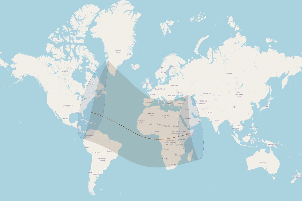 Mapa de visibilidad — Eclipse híbrido del 3 de noviembre de 2013