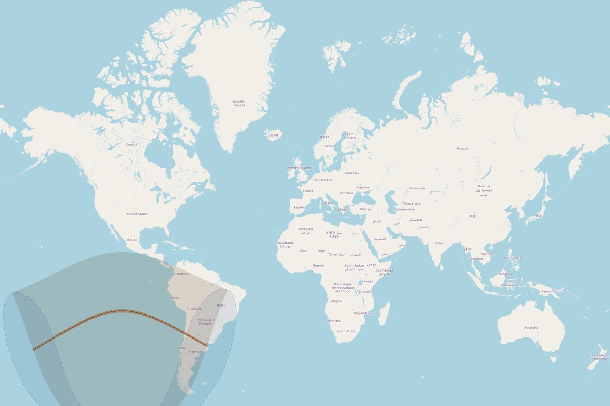 Visibility map — Total eclipse on July 2, 2019