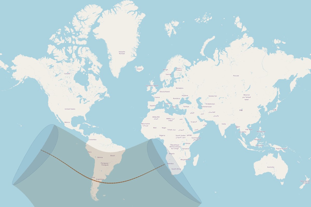 Mapa de visibilidad — Eclipse total del 14 de diciembre de 2020
