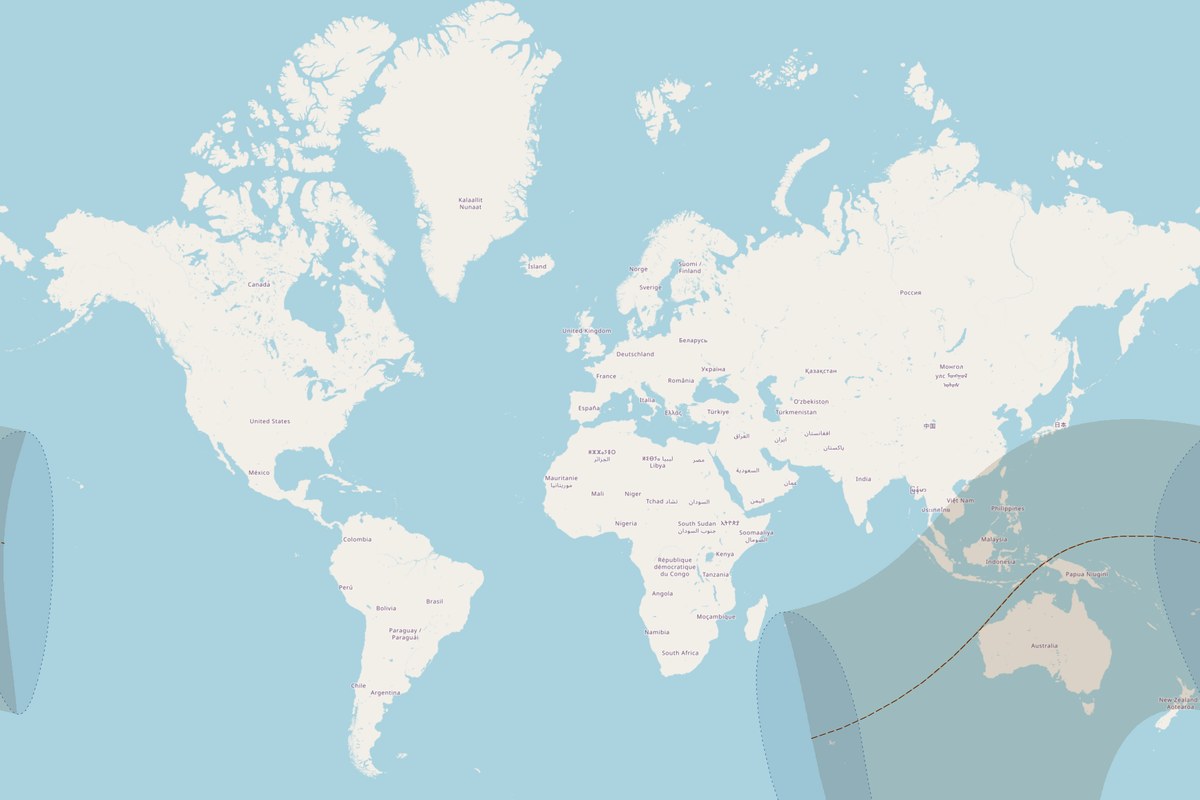 Visibility map — Hybrid eclipse on April 20, 2023