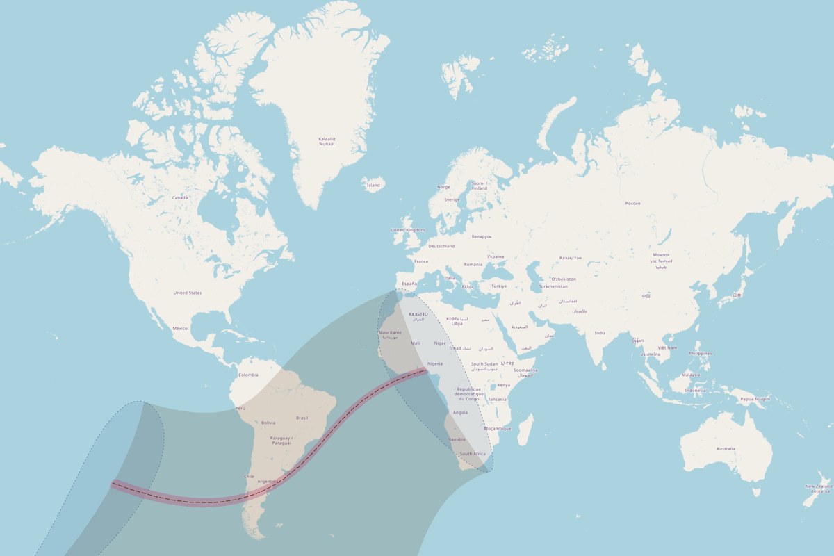 Mapa de visibilidad — Eclipse anular del 6 de febrero de 2027