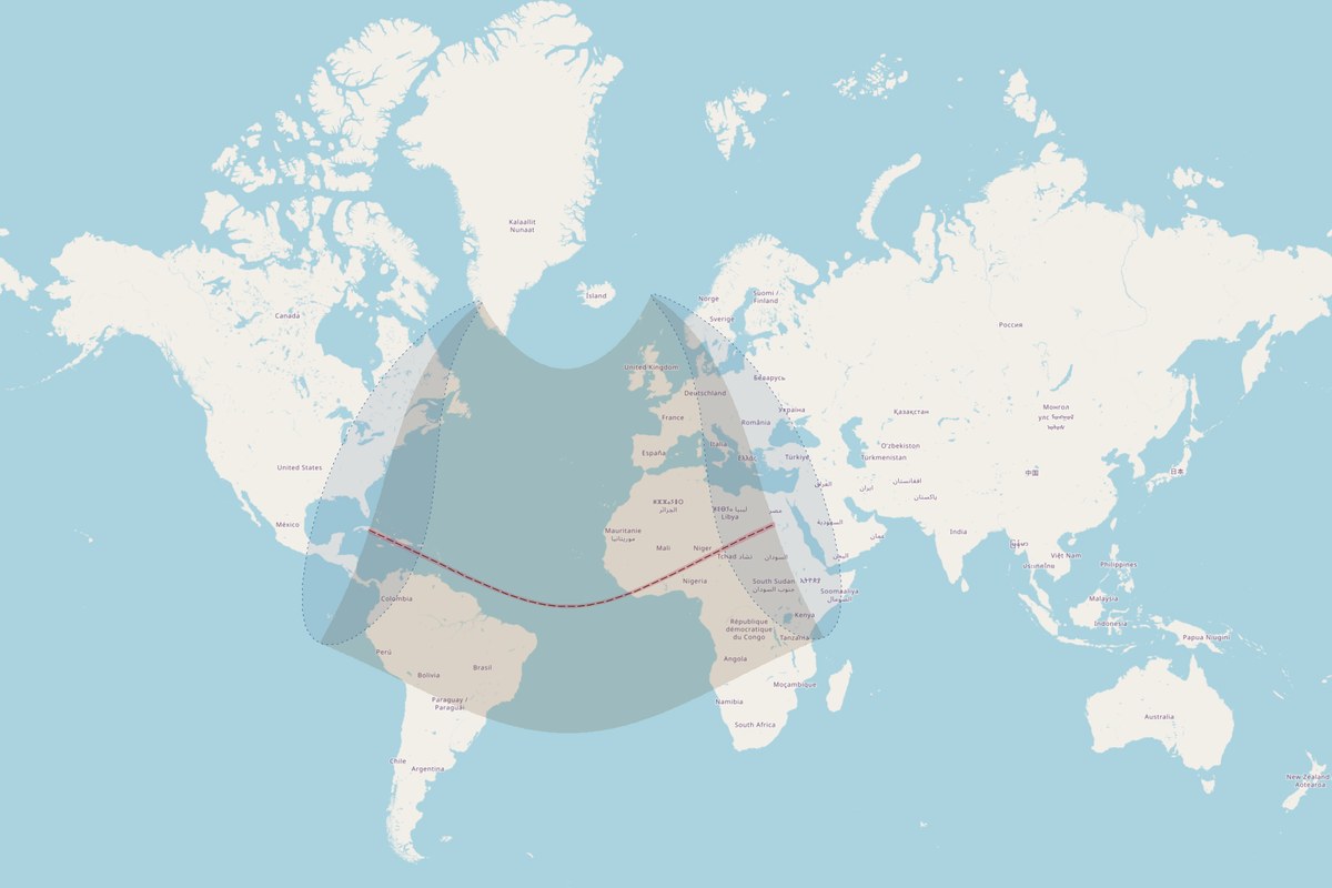 Carte de visibilité — Éclipse annulaire du 5 janvier 2038