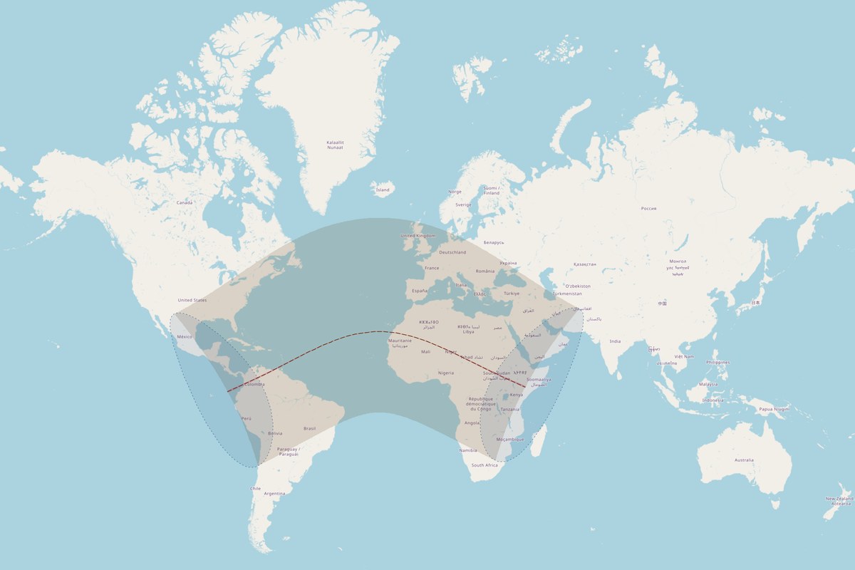Mapa de visibilidad — Eclipse anular del 2 de julio de 2038