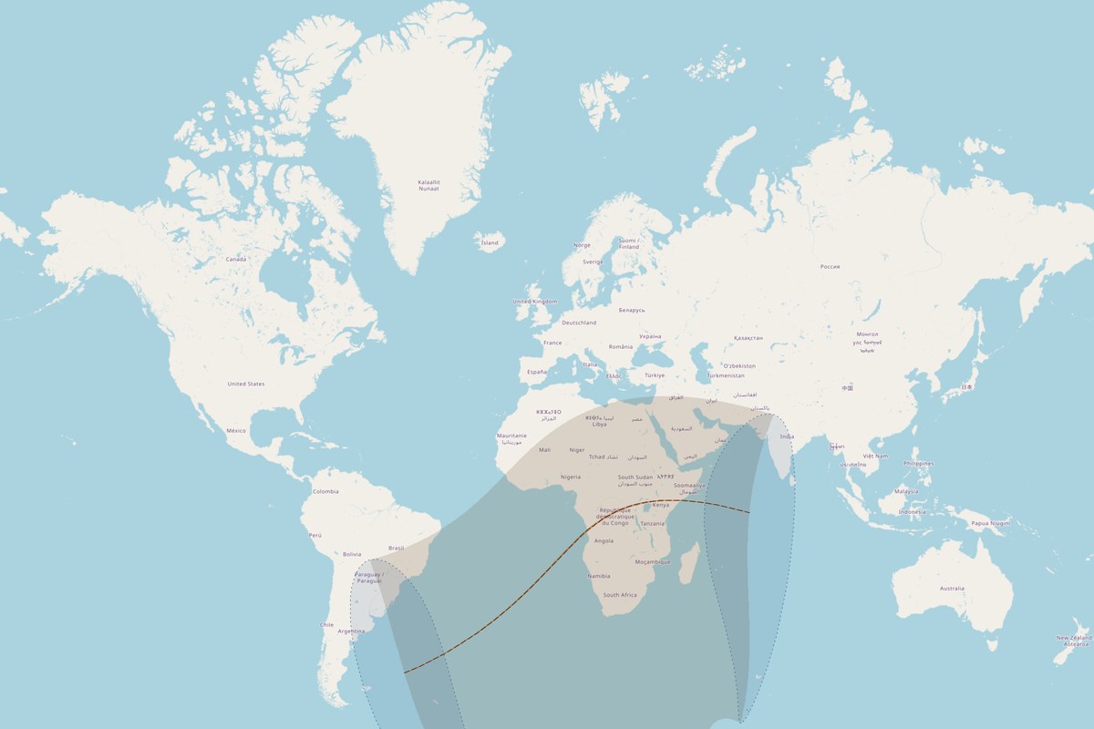 Visibility map — Total eclipse on April 30, 2041