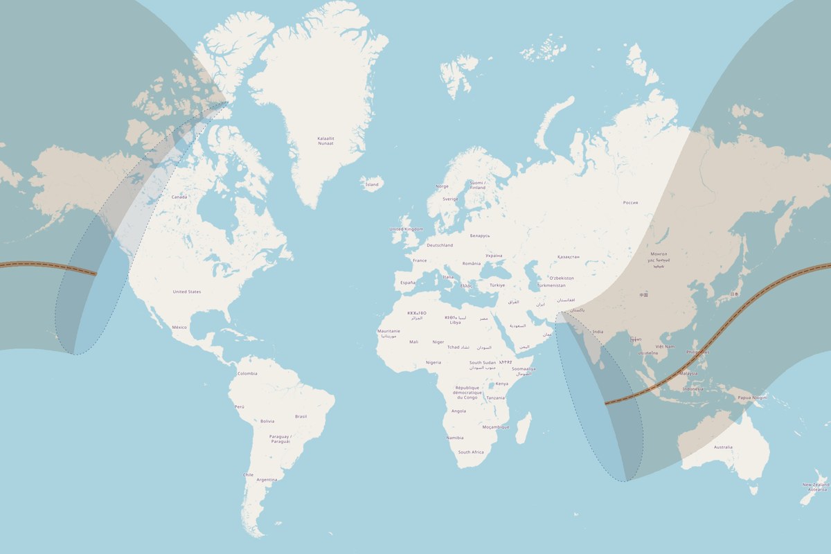 Visibility map — Total eclipse on April 20, 2042