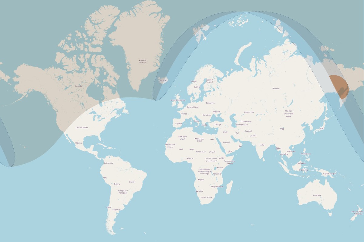 Mappa di visibilità — Eclissi totale del 9 aprile 2043
