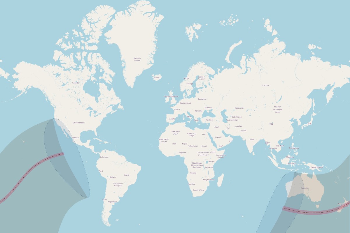 Visibility map — Annular eclipse on February 16, 2045