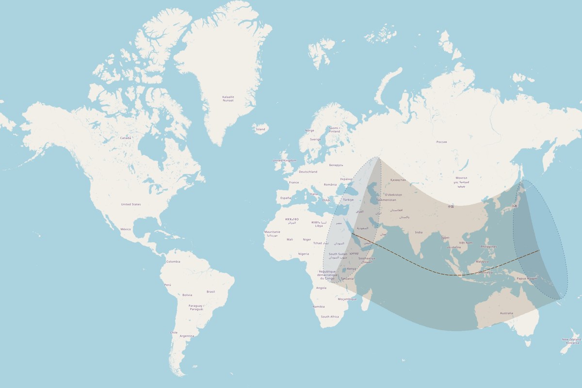 Carte de visibilité — Éclipse hybride du 25 novembre 2049