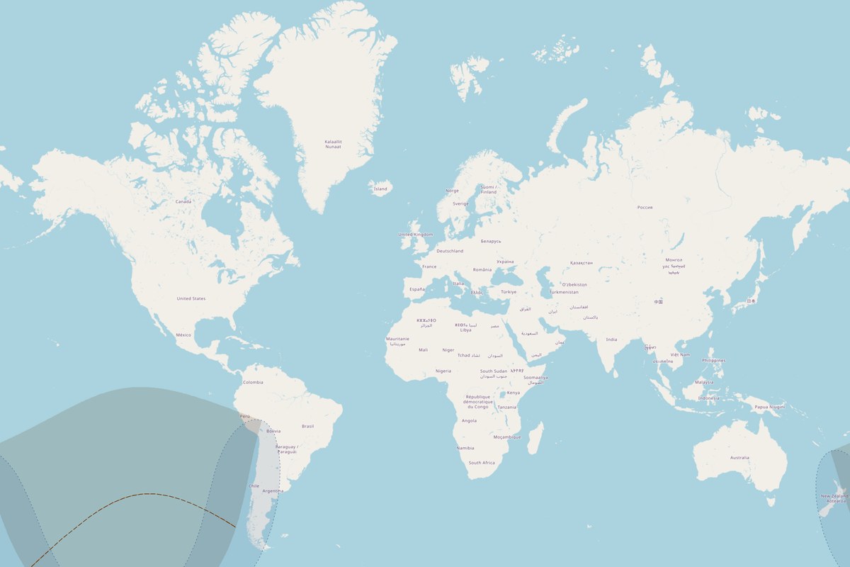 Visibility map — Hybrid eclipse on May 20, 2050