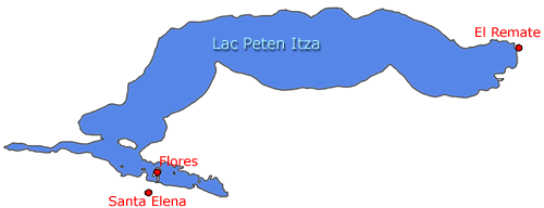 Carte du lac Peten Itza, Flores, Santa Elena et El Remate - Guatemala