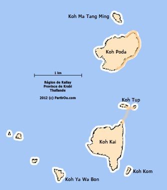 Carte des îles de la région de Railay - Province de Krabi - Thaïlande